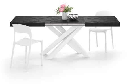 MOBILI FIVER, Ausziehbarer Esstisch Emma 140(220) x90 cm, Schwarzer Beton mit Weißen gekreuzten Beinen, Made In Italy