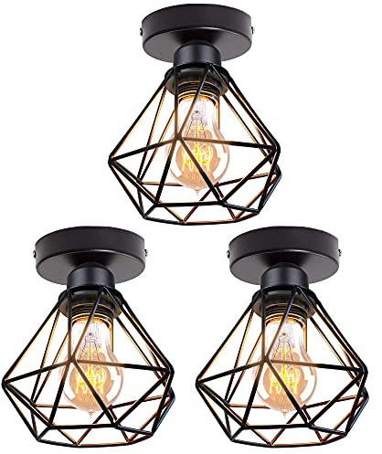 TOKIUS Deckenlampe, 16CM Vintage Deckenleuchte im Industrial Design Retro E27 Lampe aus Eisen Käfig Pendelleuchte Schwarz (3 Stücke)