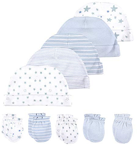 Chamie Babymütze und Fäustlinge, Neugeborenen-Set, 5 Mützen und 5 Paar Fäustlinge für Babys, Jungen, Mädchen, Alter 0–6 Monate, 100% Baumwolle