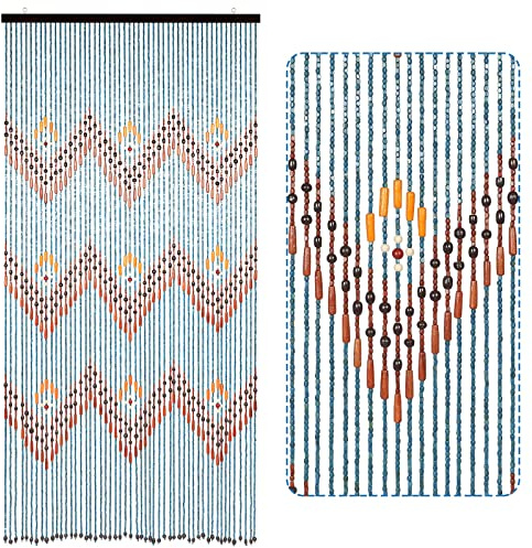Osunnus Boho Bamboo Beaded Curtain 35.5 x 75 Inches 52 Strands Handmade Hanging Wooden Door Beads Hippie Curtains Room Divider for Doorway Window Home Decor, Blue