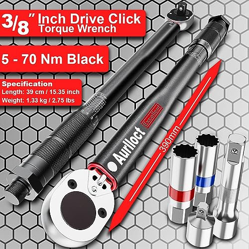 Aurlloct Drehmomentschlüssel 3/8 Zoll 5-70 Nm Satz, Auto und Motorrad, 5-tlg. inkl. Verlängerung mit 7,5 cm, Zündkerzenbuchse und Adapter 1/4, Schwarz