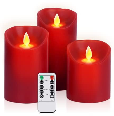 Hausware Set di 3 candele senza fiamma, funzionamento a batteria, 5,6 x 12,7 cm, in vera cera, senza fiamma, con telecomando e timer (colore Rosso)
