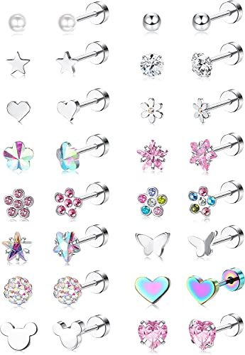 Diamday 16 par skruvörhängen för flickor och kvinnor rostfritt stål små broskörhängen kubisk zirkonia hjärta blomma stjärna skruv platt baksida örhängen tragus, helix-smycken, klein, Zirkon, Zirkon