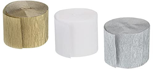 sourcing map 3 Rollen Krepppapier 3,5x1000cm Regenbogen Luftschlangen Bunt Seidenpapier Kreppband zum Basteln Dekor Geschenk Verpackung Blumen, Silber/Weiß/Gold