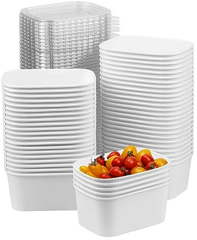 Giwrmu Lot de 50 saladiers jetables en papier avec couvercles transparents, 1 000 ml, grands saladiers carrés en papier avec couvercles utilisés pour salade, crème glacée, nouilles, barbecue (blanc)