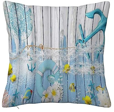 Überwurf Kissen Fall Quadratisch Kissenbezug,Rustikaler Holzhintergrund Seeanker Rettungsring Ozeanthema Seestern Korallenriff Aqua gemütli,Home Dekorative Sofa Sessel Schlafzimmer Wohnzimmer 45x 45cm
