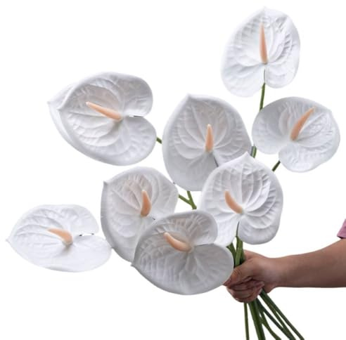 Corkwaw Künstliche Anthurium-Blumen, fühlen sich echt an, für Tischdekoration, Arrangement und Brautschmuck, Hochzeit, Festival, Dekoration, Blumenarrangement, Weiß, 8 Stück