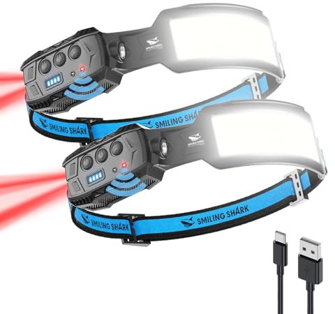 Smiling Shark Stirnlampe, 2 Stück Headlamp 7*Weiße Licht 270° Beleuchtung Breite Mit Bewegungsmelder Helles Rotes Rucklicht Für Camping Angeln Reparieren, Stirnlampe-Kopflampe-LED-Wiederaufladbar