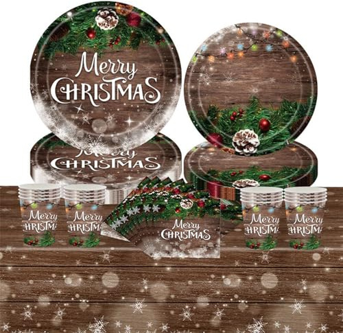 69 Pezzi Set Stoviglie per Feste di Natale,Venatura del Legno Piatti Tazze Asciugamani di Carta Tovaglia Plastica Stoviglie Monouso Biodegradabili,Decorazione Desktop per Feste di Compleanno,Natale