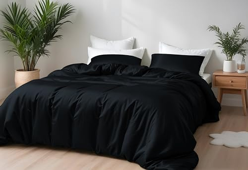 LINENWALAS Bambus-Bettwäsche-Set, Premium-Bettbezug-Set aus Bambusseide mit Kissenbezug, 2-teiliges Bettwäscheset, 155 x 220 cm, luxuriöser, weicher, kühlender Steppdeckenbezug (Tiefschwarz)