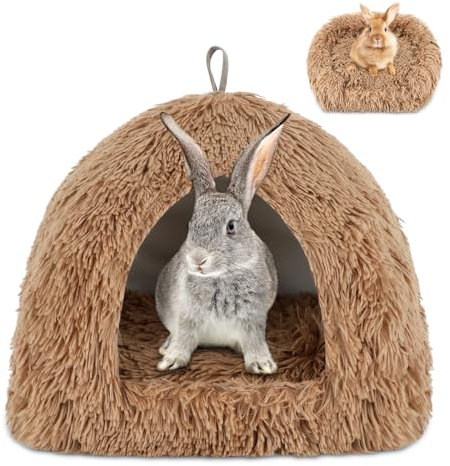 SBAYOOL Plüsch Kaninchen Bett, Bequem Warme Häschen Höhlenbetten, Kaninchen Haus Mit Bewegliches Pad, Geeignetes Kaninchenversteck Für Kleintiere Wie Meerschweinchen und Frettchen, Kaffeefarbe