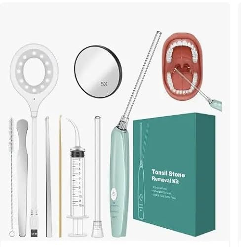 MiBrush Elektrisches Tonsillensteinentfernungsset - Vakuumsaugpipette, Spülspritze, Vergrößerungsspiegel und Zungenspatel - Entfernt Mandelsteine schnell - Für gesunde Mandeln und frischen Atem.