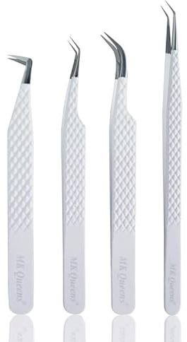 MK Queens franspincett – rostfritt stål fiberspets ögonfranspincett (set med 4) – diamantgrepp professionell franspincett för ögonfransförlängningar (vit)