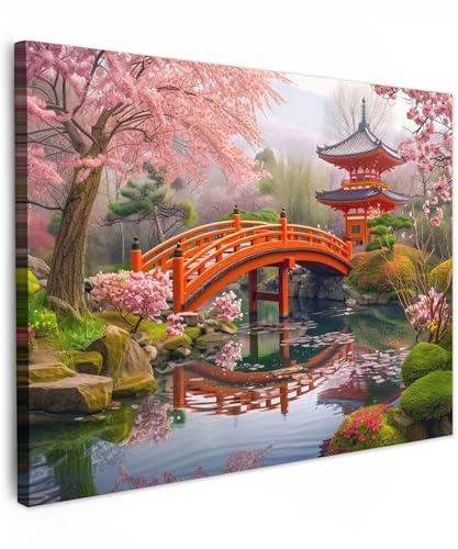 MuchoWow© Impressions sur Toile Deco Tableau Murale Decoration Salon | 40x30 cm - Peinture Tableaux Chambre Toiles Maison Jardin japonais - Fleurs de cerisier - Sakura - Japon