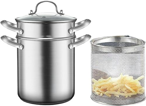WJFLUCK Pasta pots Spaghetti Pot with Basket and Glass Lid, 304 Stainless Steel Japanese Asparagus Steamer Pot High Oil Deep Fry Pan Pasta Cooker Pot for Home Kitchen