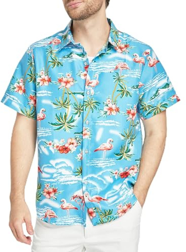 SSLR Chemise hawaïenne pour Homme - Flamant Rose - Décontractée - Manches Courtes - Boutonnée - Chemise Aloha - Bleu Clair - Taille M