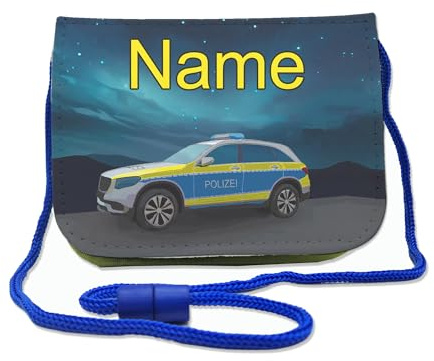 Maus-Design Kinder Brustbeutel mit Name, Polizei | Schriftartwahl, Klettverschluss, Schnur zum Umhängen, Klarsichtfach, Personalisiert