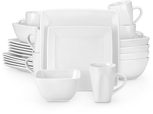 Geschirrset eckig, vancasso SOHO Tafelservice 6 Personen aus Steinzeug, 24tlg Geschirr modern mit Speiseteller, Dessertteller, Schüssel und Tassen