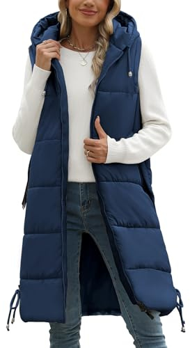 Tuopuda Damen Weste Lang mit Kapuze Herbst Winter, Steppweste Warme Daunenweste Übergangsweste Reißverschlüsse Kapuzenweste Outdoor Winterjacke Vest Ärmellos Jacke Longweste, Marine, L