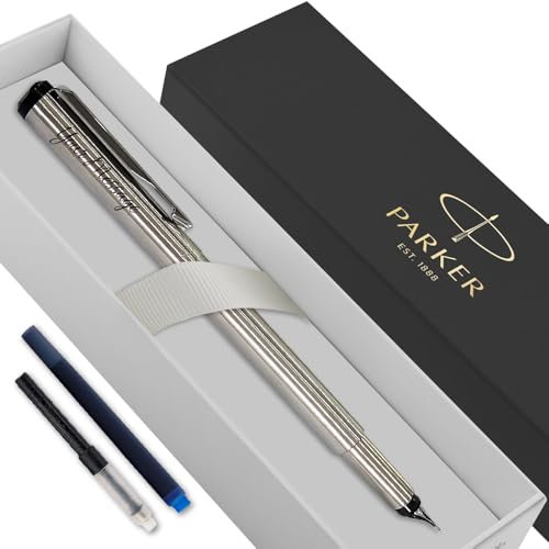 Personalised Parker Vector Fountain Pen | With Colour Option (Blue or Black Ink Cartridge) & Converter | Elegant Gift Box Birthday Gift Perfect for Men & Women with Laser Engraving (Silver)