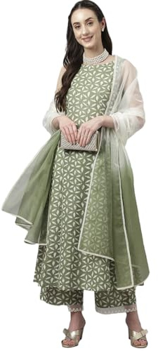 miss fame Women Sleeveless Printed Cotton Kurta with Palazzo and Dupatta - S Green