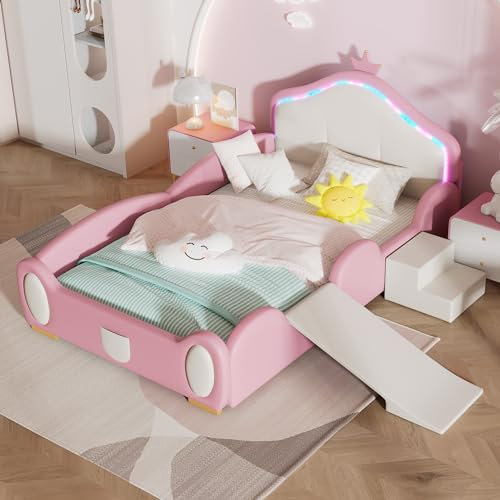 Ctastay Polsterbett Kinderbett 90x200 cm mit LED, Cartoon-Bett Kronenbett mit Rutsche & Treppe, Bettgestell mit Lattenrost & Kopfteil, PU, Rosa+Beige (Ohne Matratze)