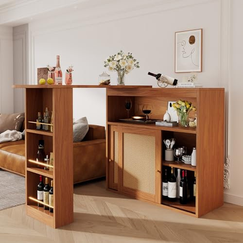 SogesHome Bartische Theken Buffets Ausziehbar mit Stauraum, Rattangeflecht auf Türfronten, Verstellbare Ablagen, Stehtisch Bistrotisch Esstisch Hochtisch Kücheninsel Küchentisch klein Hausbar, Braun