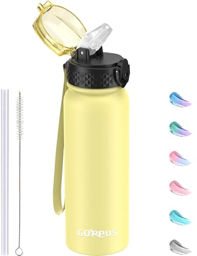 GOPPUS 600ml/20oz Stainless Water Bottle with Straw Double Wall Insulated Bottles with Strap One Hand Open Vacuum Thermal Flask Leakproof Keep Cold Drinks Bottles BPA Free for Adults