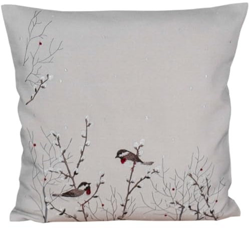 Kissen-Bezug für Deko-Kissen Sofa-Kissen 40 x 40 cm - Polyester Kissen-Hülle DINA bestickt mit Vögeln & Weidenkätzchen - Herbstliches Zierkissen für Couch & Wohnzimmer, Kissenhülle Herbstdeko