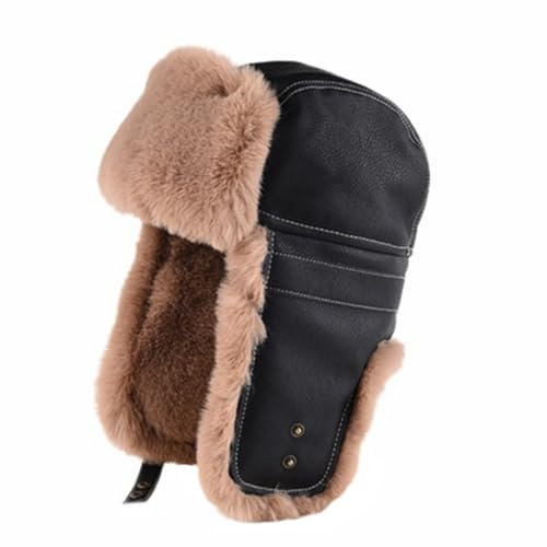 GIBZ Unisex Jagdmütze mit Kunstfell Ohrenklappen Kinnriemen Trappermütze, Winterski Fliegermütze für Damen und Herren, Schwarz
