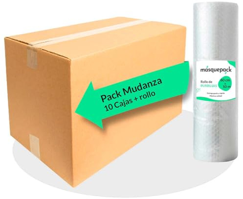 Masquepack Kit de Mudanza - Pack 10 Cajas Cartón Mudanza 50,5x35x25cm + Burbuja Ideal para Embalaje y Mudanzas (10 cajas 50,5x35x25cm + Burbuja)