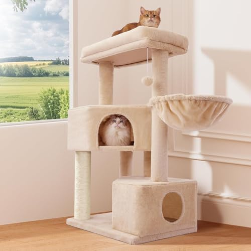 Gardner Pet Katzenbaum groß, 105 cm, Beige | Kratzsäule, Plattform, 2 Höhlen, Korb, Platzsparend