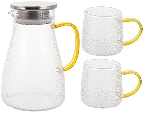 MAGICLULU Hervidor de Agua Frío 1500ml Patrón Martillado Jarra de Vidrio Templado Resistente al Calor para Uso Doméstico 2 Tazas Juego de 3 Piezas para Bebidas y Té Hogar