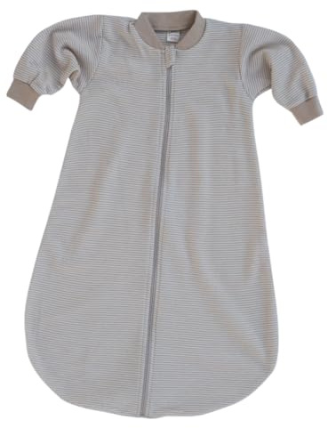 Baby Schlafsack mit Ärmeln, Gestreift Blau-Weiß, Temperaturausgleichend, für 20-22°C Raumtemperatur (Sand/Natur, 74-80)