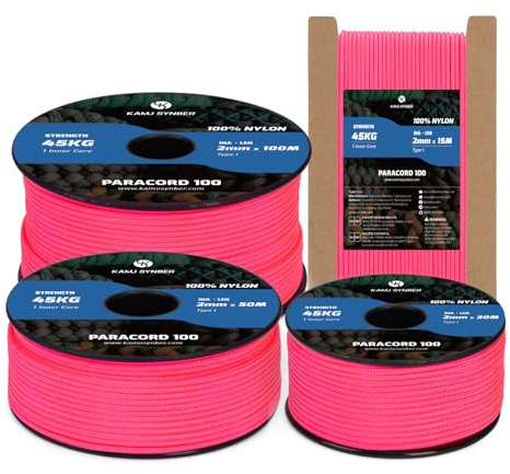 Kamu Synber 2mm Paracord 50M 100% Nylon Seil Reißfeste Schnur mit 1 Kern Typ I Allzweckseil für Basteln, Outdoor, Camping, Survival | Tragkraft 45kg | Neonpink