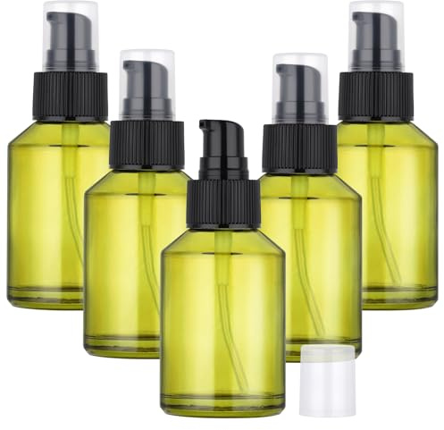 Segbeauty Contenant Voyage Verre, 5 Pièces 60ml Flacon Vide Voyage avec Pompe Noire, Portable et Réutilisable, Petit Bouteille Pompe Vert pour Fond de Teint, Gel Douche