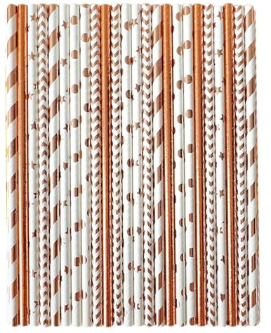 YAOSHENG [100 Count] Paper Drinking Straws 100% Biodegradable Multi-Pattern Party Straws for Birthday, Wedding, Bridal (Rose Gold)