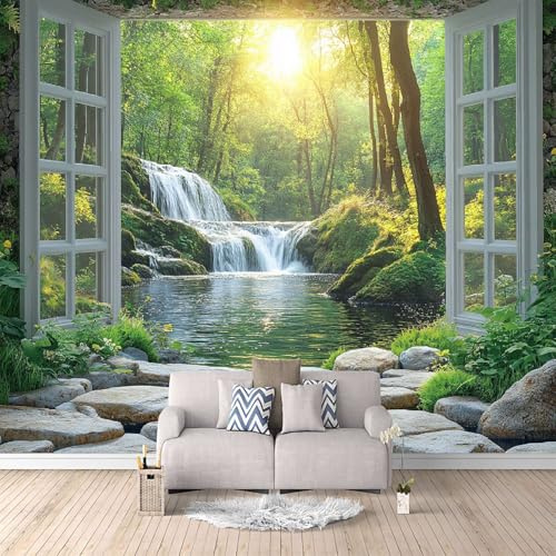 Papel Pintado 3D Lago Con Cascada En El Bosque 300x210 cm Fotomurales Tejido No Tejido, Fuera De La Ventana Papel Tapiz Grande Murales Fotográfico Moderno Decoración de Paredes
