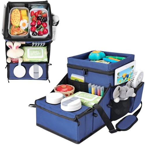 INFANZIA Car Seat Organizer, Backseat Van Organizer with Cup Holders for Car Front Passenger and Back Seat, Carseat Storages with Cooler Compartment for Kids and Adults for Toy, Snacks (Blue)