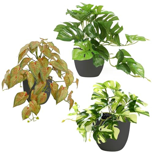 3 Stück Kunstpflanze Wie Echt - 25cm Künstliche Monstera Fake Pflanzen, Monstera Kunstpflanze in Töpfen, Fake Pflanzen Innen und Außen Kunstpflanzen für Tischdeko Zimmer Wohnzimmer Badezimmer Deko