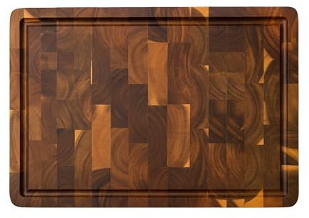 Matakumi Planche à Découper Bois - Planche de Cuisine en Bois d’Acacia avec Poignées Latérales, Rigole à Jus et Bois de Bout pour Préserver les Lames de Couteaux - Double Face (40 x 30 x 3 cm)