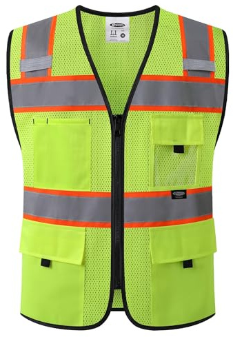 JKSafety Safety Vest for Men Women Hi Vis Relfective Vest with Pockets High Visibility Meet ANSI Standard Yellow Color with Extended Orange Strips (BX331-Yellow L)