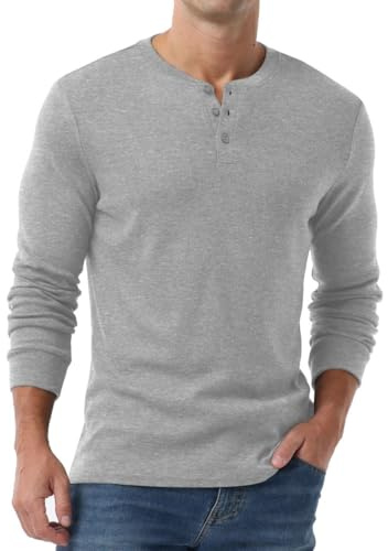PrinStory Henley t-shirt för män långärmade toppar casual tröja t-shirt för män, LJUSGRÅ, XL