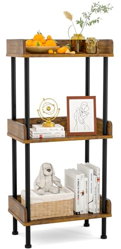 Suhu Bücherregal mit 3 Ebenen Küche Standregal Holzregale und Metallrahmen, Modernes Regal für Wohnzimmer Schlafzimmer Balkon Schwarz + Braun