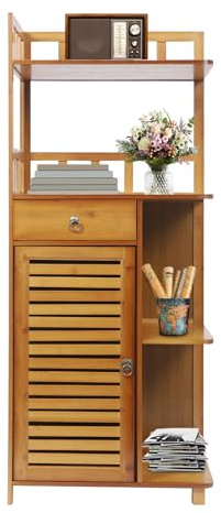 NoneDanGee Armoire de salle de bain en bambou avec 1 porte et 3 étagères latérales ouvertes - Étagère de rangement pour salon, salle de bain, cuisine, 50 x 30 x 121 cm