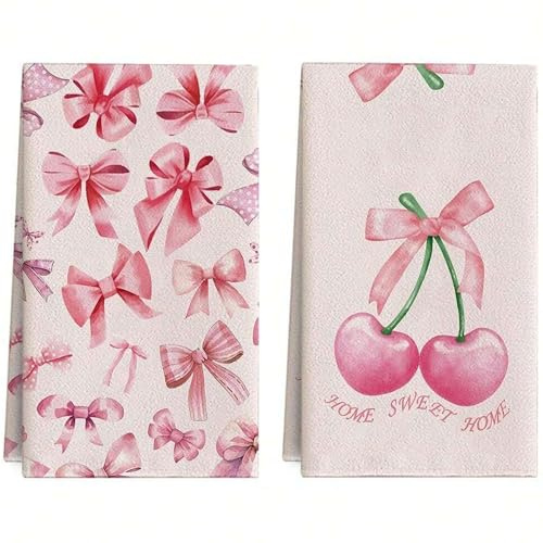 Disoza Schleife & Kirsche Rosa Mikrofaser Geschirrtücher 60 * 40 cm Handtuch Küchenorganizer Baumwolle Küchentücher Gastronomie,2 St. Haushaltshelfer Trockentücher Küchentuch