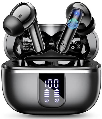Auriculares Inalámbricos Bluetooth, Cascos Inalambricos Bluetooth 5.4 con 4 Reducción de Ruido Mic, 46H Auriculares Inalambricos con HiFi Estéreo, Impermeable IPX7 Auriculares Ajuste Cómodo. Negro