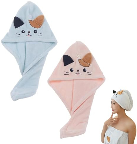 RQcMid 2 Stück Mikrofaser Haarturban Mit Knopf, Schnelltrocknendes Haarhandtuch, Mikrofaser Handtuch Haare, Weiches Und Saugfähiges Turban Handtuch Für Frauen, (Rosa, Blau, Katze)