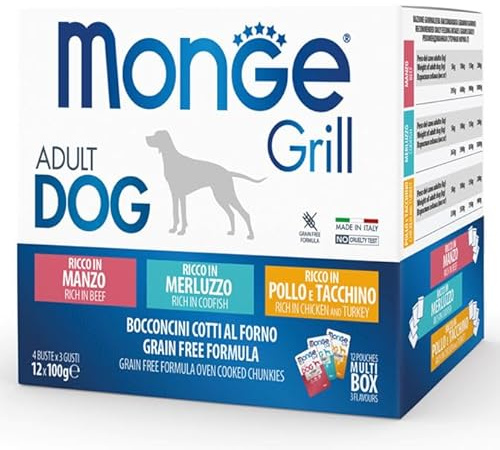 MONGE Monge GRILL MIX Adult Manzo, Merluzzo, Pollo - 12 Bustine da 100gr - PACK da 4-48 Bustine - 48x100gr
