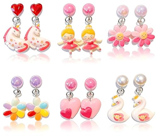 6 Paar Ohrclips Kinder, Clip Ohrringe Kinder, Bunte Ohrclips Ohne Ohrlöcher, Mädchen Clip Ohrringe für Alltag & Geburtstagsfeiern, Einhorn, Blume, Herz, Schwan